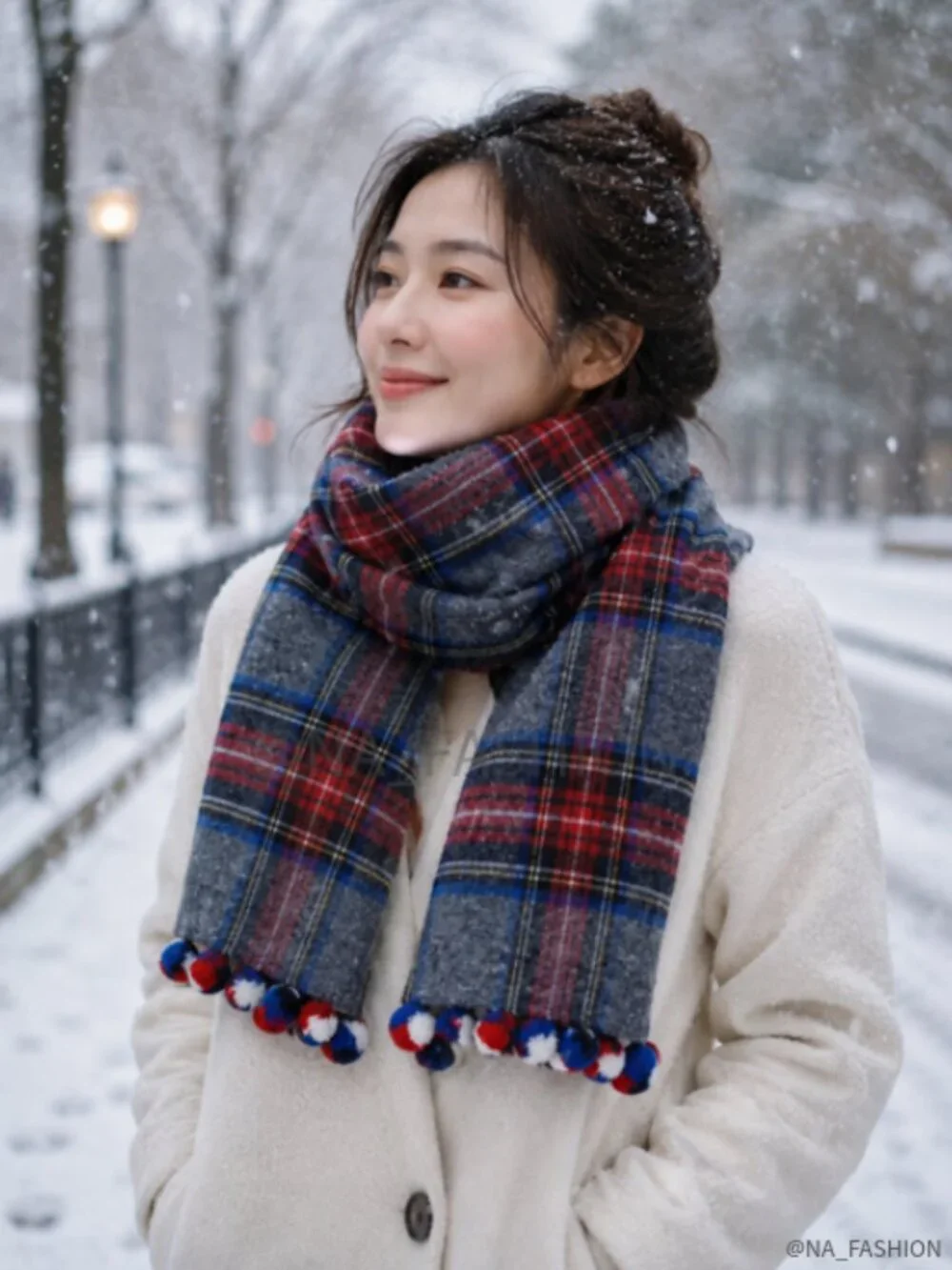 NWT-ONE SIZE- J.Crew Wool Tartan Plaid Pom Pom Scarf Wrap